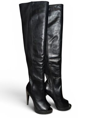 Herve Leger Nora metallic-studded heel Black Leather Over-the-Knee PeepToe Boots